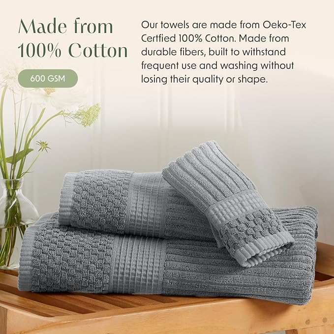 Springtree Home 100% Cotton Bath Towel Set | 4-Pack | Textured | Grey | Absorbent & Quick-Dry Bathroom Towels | Textured and Durable Cotton Towels for Bathroom | OEKO-TEX | Krista Collection