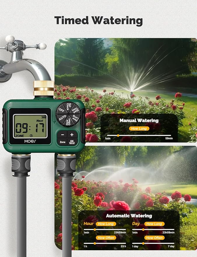 MOES 2 Outlet Sprinkler Timer, Brass Inlet & Outlet, Programmable Automatic Irrigation Controller, Rain Delay, Manual Watering, 2 Zone Water Hose Timer for Gardens, Lawns, and Hose Systems