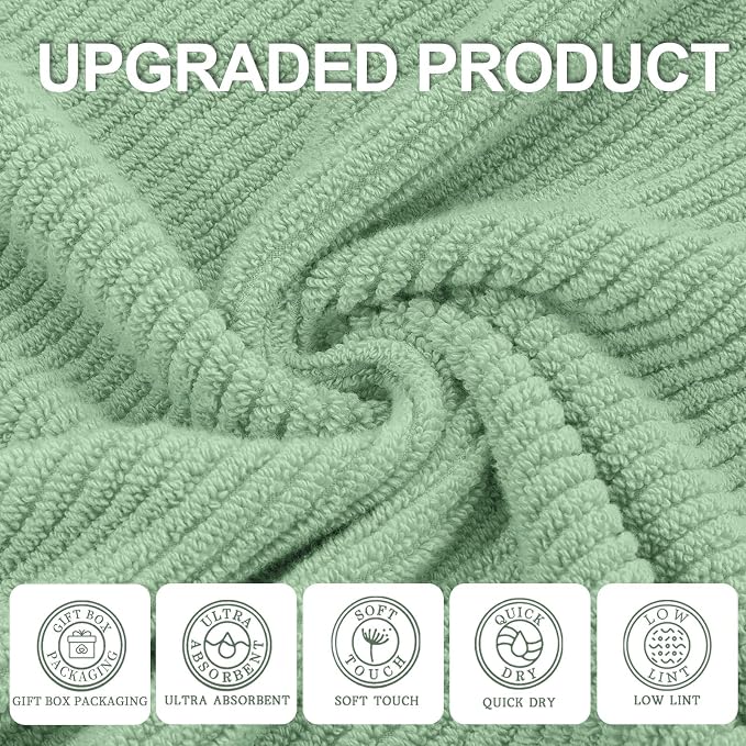 VOOVA & MOVAS 6PC Towel Set, 100% Cotton, Mint | 2 Large Bath 30x56 In, 2 Hand 18x28 In, 2 Wash Cloths 13x13 In, Quick Dry, Thick, Soft, Towel Gift Set