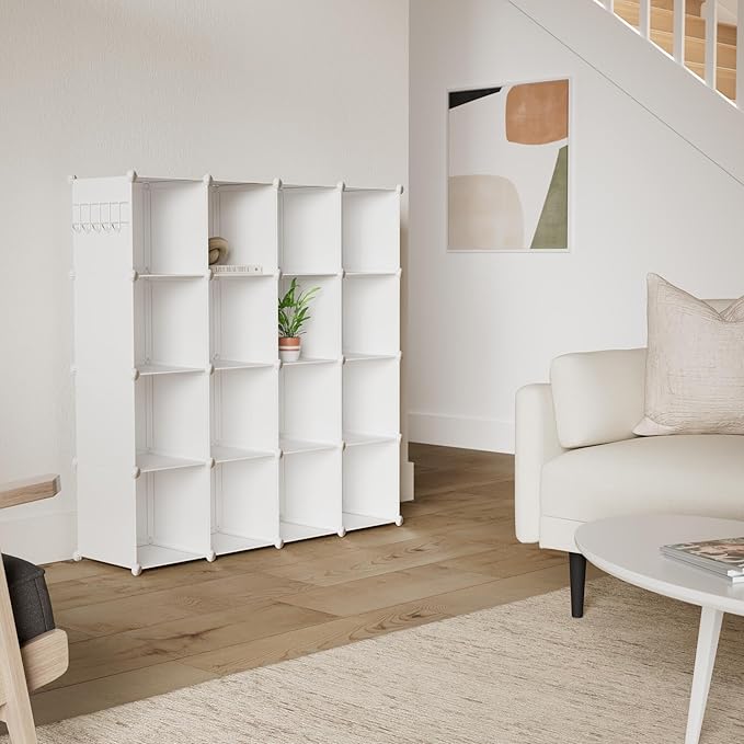 C&AHOME 16 Cube Storage Organizer Cube Shelves Units Storage Cubes, Milky | Plastic DIY Closet Organizer, Stackble Modular Closet Storage Shelves Ideal for Home, Bedroom, 48.4" L × 12.4" W × 48.4" H