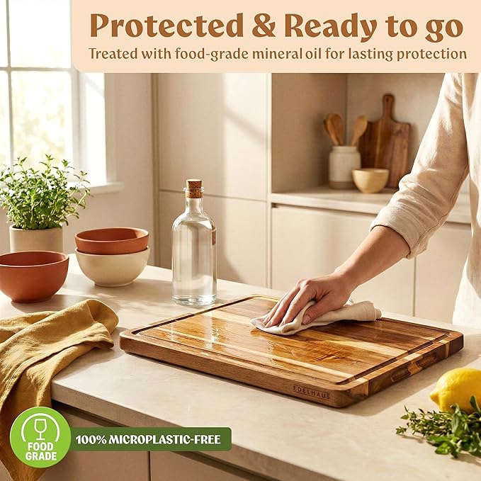 Extra Large Acacia Wood Cutting Board 17x13, Juice Groove | FSC-certified wooden chopping board; knife-friendly, large kitchen boards for meat, cheese, charcuterie & serving