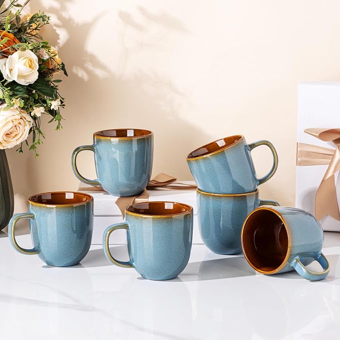 LERATIO Ceramic Coffee Mugs Set of 6,12oz Handmade Coffee Mugs Set | Large Handle for Cappuccino/Latte/Tea/Hot Cocoa,Oven &Dishwasher & Microwave Safe-Ocean Blue