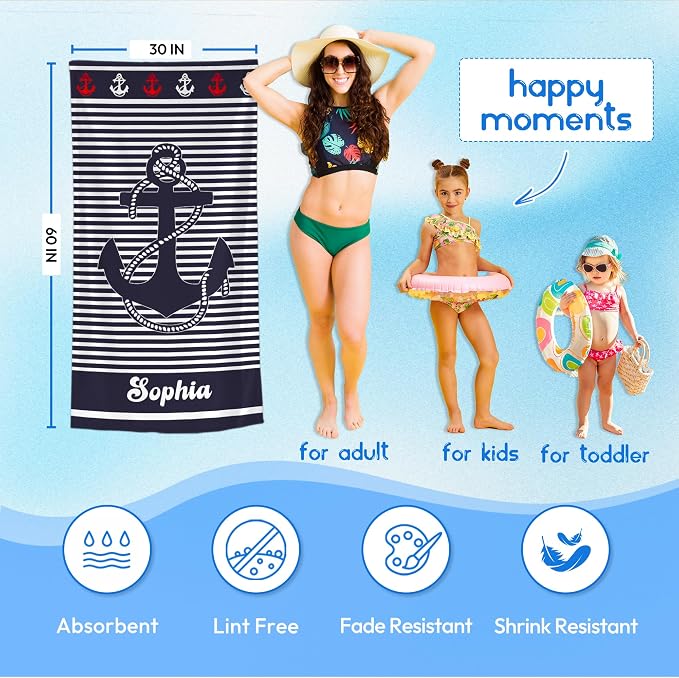 JML Personalized Beach Towel with Name, Custom Anchor Beach Towel, Customized Microfiber Pool Towel, Quick Dry & Absorbent Swim Towel for Adult,Anniversary, Birthday, Summer Holiday,Vacation
