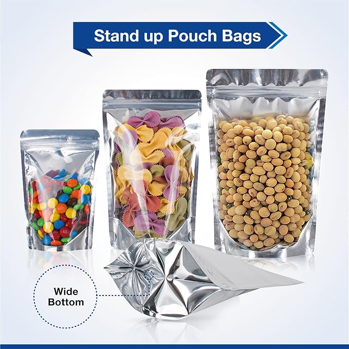 BELLE KR® 6x9 Quart Mylar Bags for Food Storage - 7.5mil Thick - Pack Of 200 - Stand Up Clear Front Mylar Bags with See Through Window - Resealable
