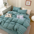 mixinni Green Gingham Grid Duvet Cover King, 100% Washed Cotton Modern Geometric Bedding Set with 2 Pillowcases, Farmhouse Style Blue Plaid Comforter Cover Set for Men & Women, Soft & Lightweight