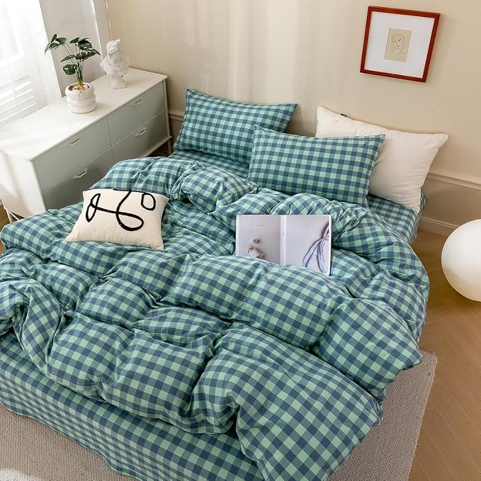 mixinni Green Gingham Grid Duvet Cover King, 100% Washed Cotton Modern Geometric Bedding Set with 2 Pillowcases, Farmhouse Style Blue Plaid Comforter Cover Set for Men & Women, Soft & Lightweight