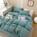 mixinni Green Gingham Grid Duvet Cover Full, 100% Washed Cotton Modern Geometric Bedding Set with 2 Pillowcases, Farmhouse Style Blue Plaid Comforter Cover Set for Men & Women, Soft & Lightweight