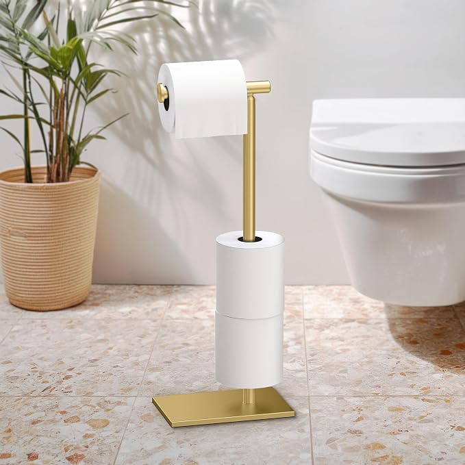Gatco 1443B, Modern Rectangle Base Freestanding Toilet Paper Holder with Storage, 21.13”H, Brushed Brass