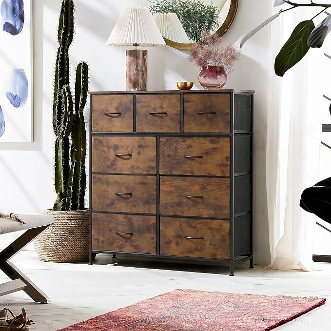 WLIVE 9-Drawer Dresser, Fabric Storage Tower for Bedroom, Hallway, Entryway, Closet, Tall Chest Organizer Unit with Fabric Bins, Steel Frame, Wood Top, Easy Pull Handle, Rustic Brown Wood Grain Print