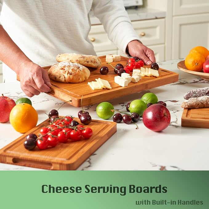 Allsum Carbonized Bamboo Wood Cutting Boards for Kitchen, 1” Thick Wooden Butcher with Juice Grooves and Handles, Cute Cheese Charcuterie Boards as a Gift for Chef, Family, 3 Pack