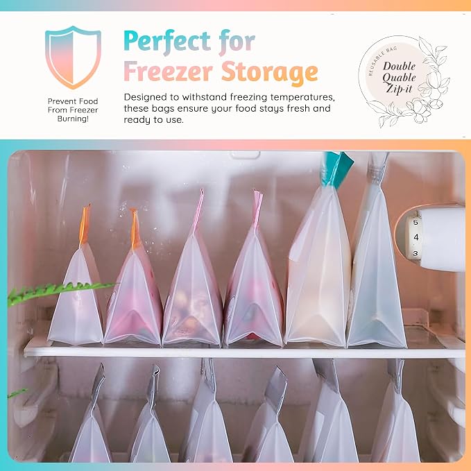 Reusable Food Storage Bags 8-Pack – BPA-Free Freezer & Dishwasher Safe, Leakproof Stand-Up Snack Bags 2 Gl + 2 L, 4 M– Eco-Friendly Airtight Ziplock Bags for Kitchen & Travel(Grey)