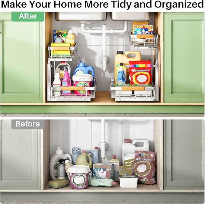Under Sink Organizer, Stainless Steel 2 Packs 2 Tier Under Sink Organizers and Storage, Slide out Pull out Cabinet Shelf, Sliding Drawer for Kitchen Bathroom Pantry Cabinet Closet Organization Rack