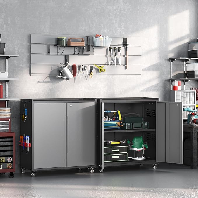Metal Garage Storage Cabinet with Wheels, Adjustable Rolling Tool Storage Cabinet with Lock, 34" Steel Locking Tool Cabinet with Doors and Shelves for Garage, Warehouse (Black&Gray, 34.3" H)