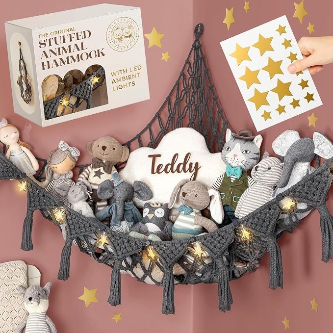 TIDYTEDS XL Stuffed Animal Hammock – Handcrafted Corner Net, 4mm Double Macrame Cord, 100% Natural Cotton Plushie Holder with LED Light (Gray)