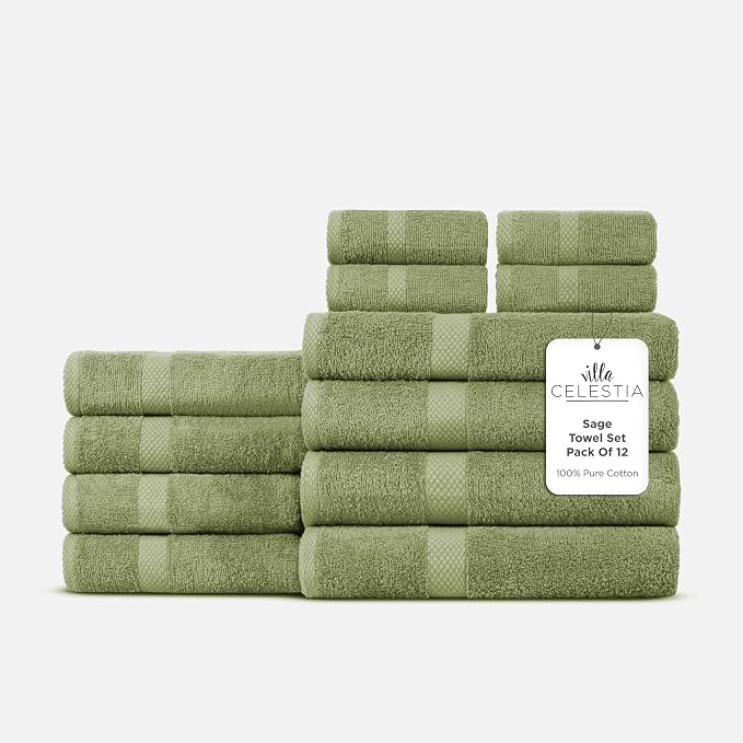 Villa Celestia 12-Piece 100% Cotton Towel Set, 4 Bath Towels, 4 Hand Towels, 4 Wash Cloth, Quick-Dry, Sage