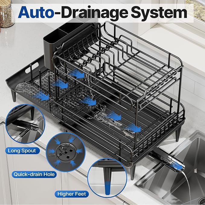 Urackify Dish Drying Rack for Kitchen Counter, Expandable 2 Tier Dish Rack, Large Capacity Dish Drainer with Drainboard Multifunctional Dish Strainer with Removable Cutlery Holder Black | 2 Tier. Expands from 16.9 to 26.6 inches to fit more dishes, wit...