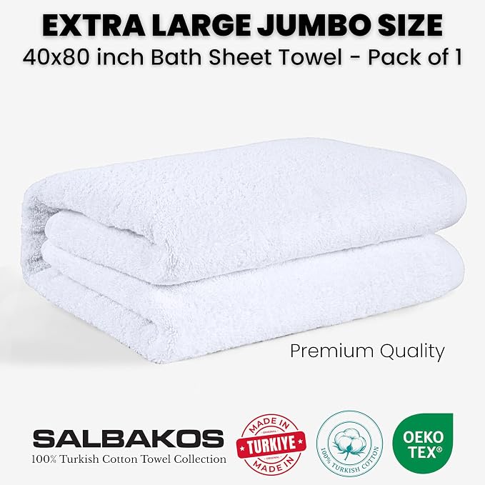 SALBAKOS Luxury 100% Turkish Cotton Bath Sheet 40x80 in (1-Piece, White) | Extra Large Jumbo Oversized Bathroom and Beach Towel, Super Soft Highly Absorbent Thick Premium Hotel Quality, Made in Turkey