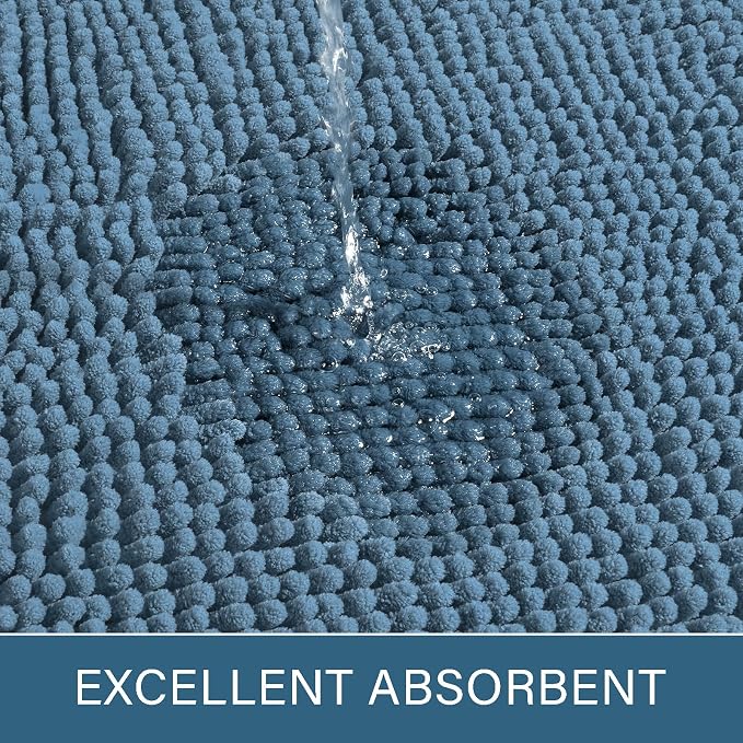 LOCHAS Luxury Bathroom Rug Shaggy Bath Mat 24 x 60 Inch, Denim Blue | Washable Non Slip Bath Rugs for Bathroom Shower, Soft Plush Chenille Absorbent Carpets