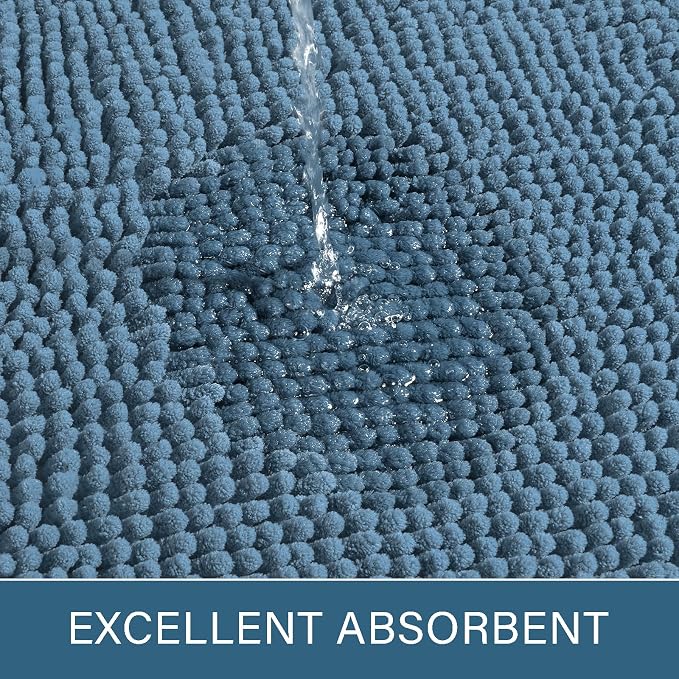 LOCHAS Luxury Bathroom Rug Shaggy Bath Mat 20 x 30 Inch, Denim Blue | Washable Non Slip Bath Rugs for Bathroom Shower, Soft Plush Chenille Absorbent Carpets