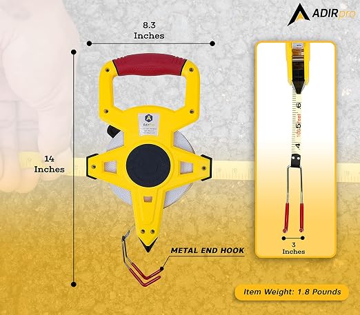 AdirPro 100 ft Fiberglass Measuring Tape | Appraiser's Tape Rule with Extra-Large Metal End Hook | Ideal for Surveyors, Appraisers & Landscapers