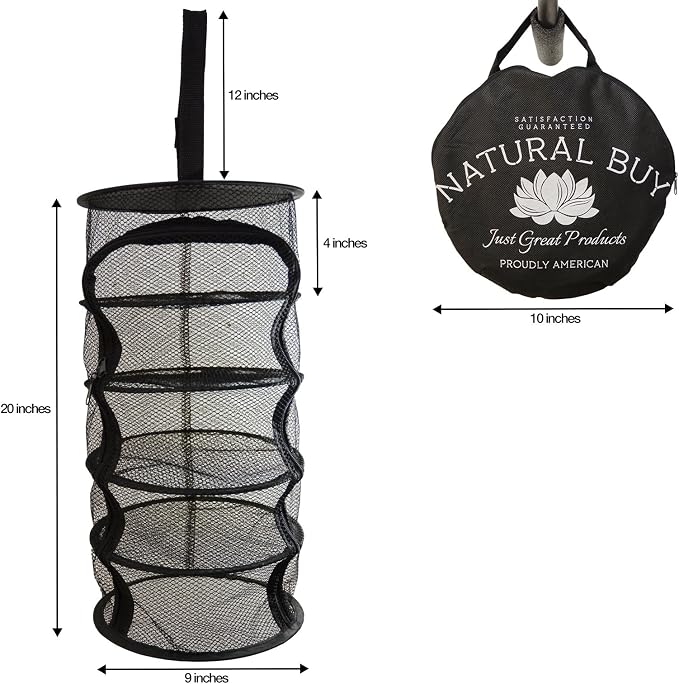 9 Inch 5 Level Micro Hanging Dry Net Indoor/Closet Drying Rack for Herbs, Plants, Organizer, Freshner - Black Mash Screen with Top-to-Bottom Zipper - Apartment Size with Zipped Storage Pouch