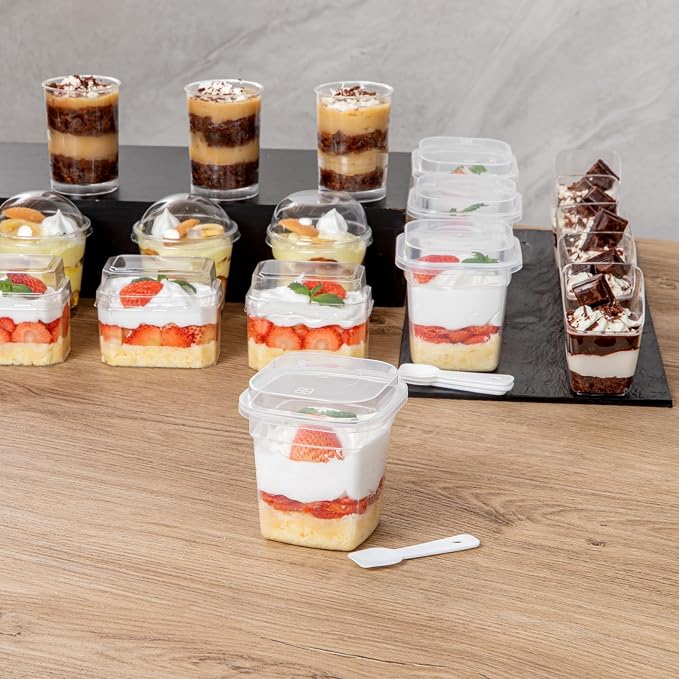 Restaurantware-Mini Serve 6.7 Ounce Dessert Cups With Lids And Spoons, 25 Disposable Serving Cups - Durable, Stackable, Clear Plastic Parfait Containers, For Dessert Take Out And Delivery Orders