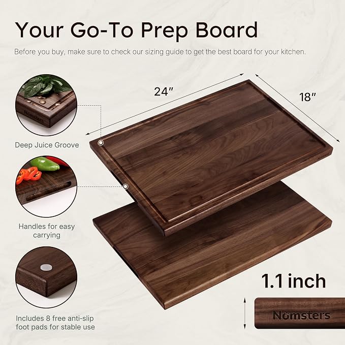 24'' Luxury American Black Walnut Wood Cutting Boards for Kitchen Large | Extra Large, Reversible, Wooden Cutting Board, Solid Hardwood, Charcuterie Board, Butcher Block, Gourmet Kitchen Gift