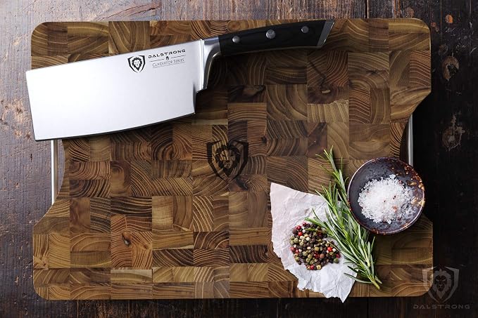 Dalstrong Cutting Board-Lionswood End-Grain Teak-16" x 12"-Steel Carrying Handles-Serving Board - Large Cutting Boards For Kitchen-Chopping Meat Cutting Board-Two Sizes