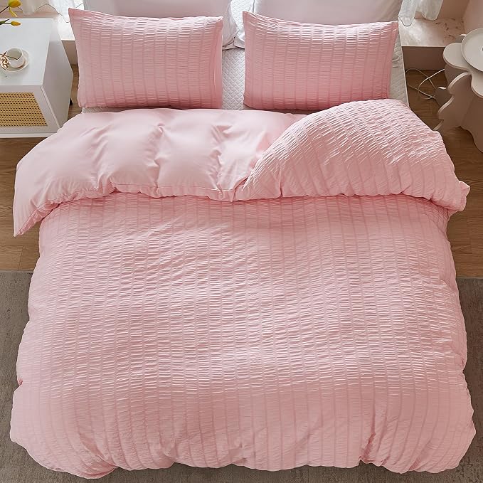 AveLom Blush Pink Seersucker Duvet Cover Set Full Size (80 x 90 inches), 3 Pieces (1 Duvet Cover + 2 Pillow Cases), Ultra Soft Washed Microfiber, Textured Duvet Cover with Zipper Closure, Corner Ties