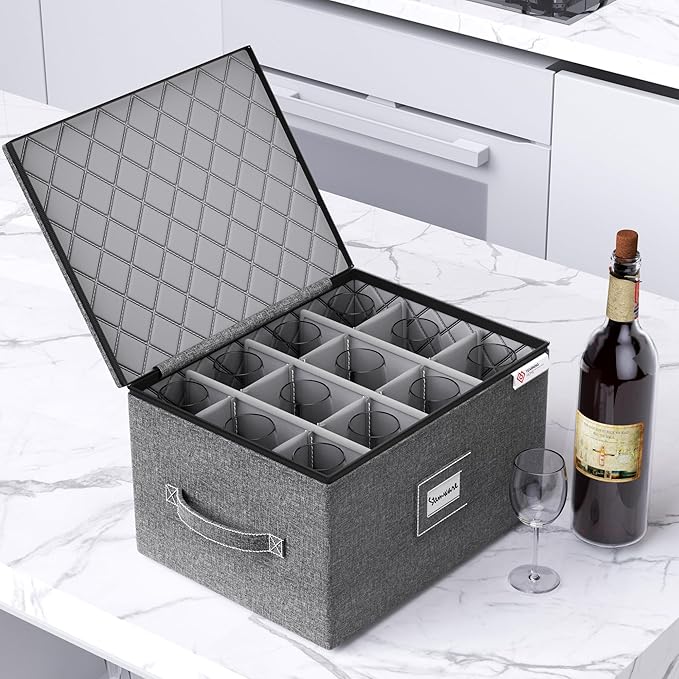 Wine Glass Storage Box with Dividers,Hard Shell and Stackable Stemware Storage Containers with Sturdy Handle for Glassware Crystal Storage and Transport,Grey,Holds 12