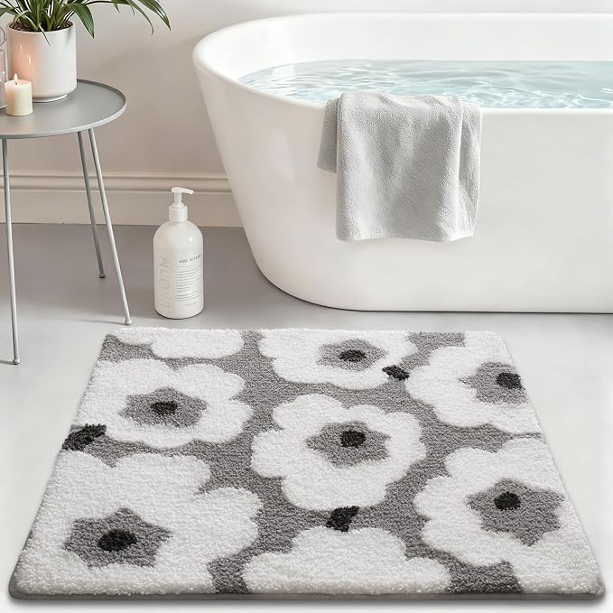 LUMI Floral Bath Mat, Soft Absorbent Square Bath Rug, Non-Slip Quick Dry Luxury Rug, Machine Washable Rugs for Bathroom Floor, Bathtub, Living Room, Home Decor, White Grey, 26"x26"
