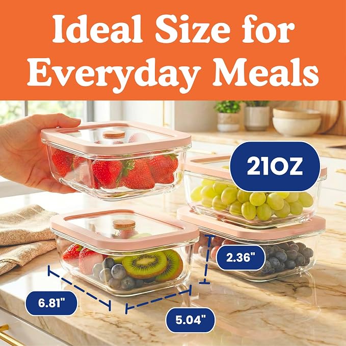 Non-Toxic Glass Food Containers with Lids, 4-Pack, 21 oz, Airtight, Beige | Plastic & BPA free. Glass body, glass lid & platinum silicone seal. Airtight & leakproof. Freezer & microwave safe.