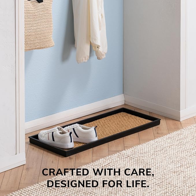Anji Mountain Heavy Duty Waterproof Rubber Shoe Storage Mat Organizer/Boot Storage Tray Multi Use For Entryway with Coir, Tan Insert , Fits 3 Pair (34.5" Wide)