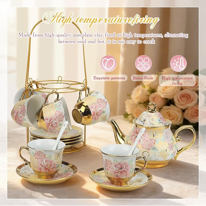 20 Pcs Porcelain Tea Set with Metal Holder and Spoon, European Ceramic Tea Set for Adults, European Flower Painting Teapot Cup Saucer Spoon Set for 6, Gift Pack (Pink and Gold)