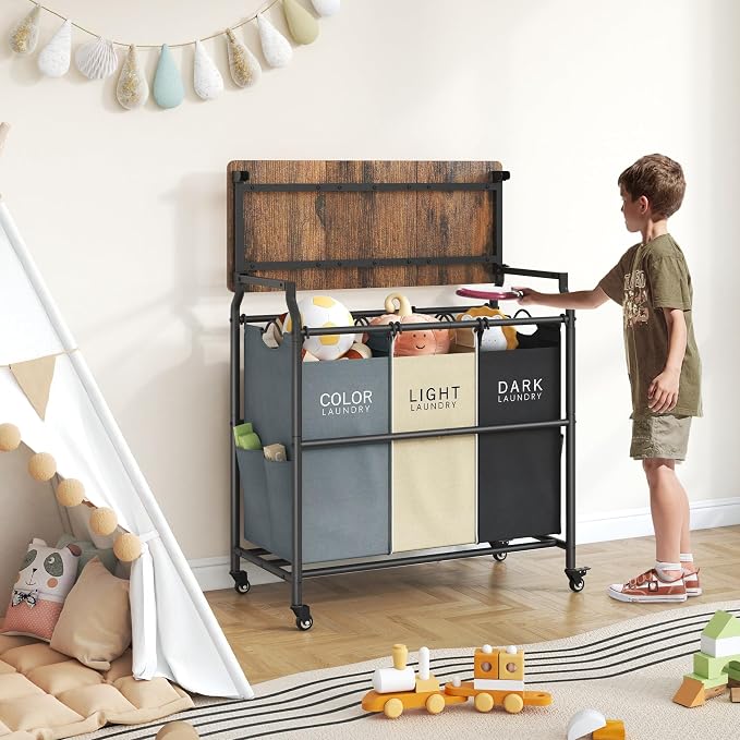 Hoctieon 3 Section Laundry Sorter with Iorning Board, Hamper with Wheels | Black+Gray+Beige,Lockable Wheels, Laundry Basket Organizer, Heavy Duty Clothes Separator, Removable Bags,Rolling Laundry Cart