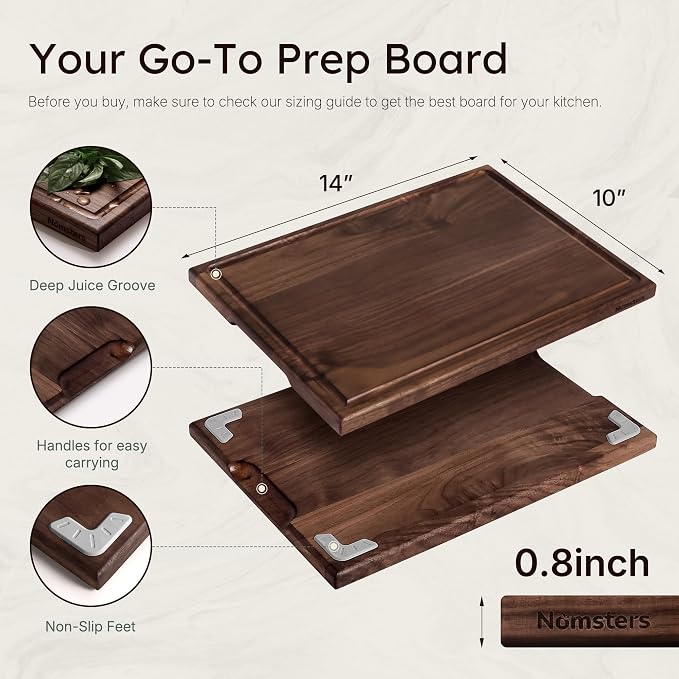 Black Walnut Wood Cutting Boards for Kitchen 14'' Wooden Cutting Board Best | Real Black Walnut, Reversible, Chopping, Non Slip, Solid Hardwood, Charcuterie Board, Butcher Block, From USA, Kitchen Gift
