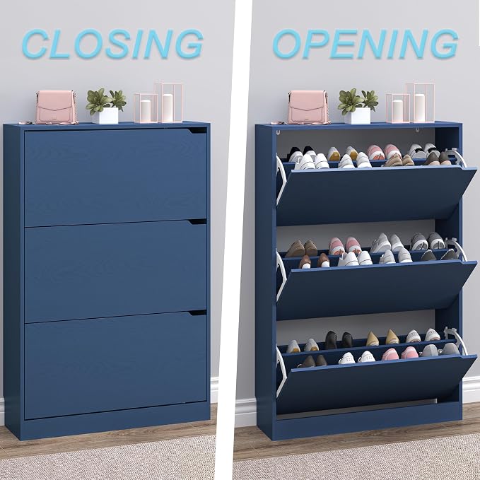 BORNOON Shoe Cabinet with 3 Flip Drawers, Hidden Wood Shoe Cabinet,Freestanding Shoe Storage Cabinet for Entryway Hallway. 47.2" H*31.5" W*9.45" D