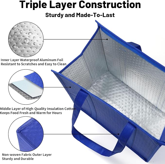 10 Pack 18L Thermal Cooler Bags, Zipper Top Grocery Carry Totes | reusable insulated storage bag, reliable hot cold hold, for food delivery, travel, camping, beach, picnic,supermarket trips