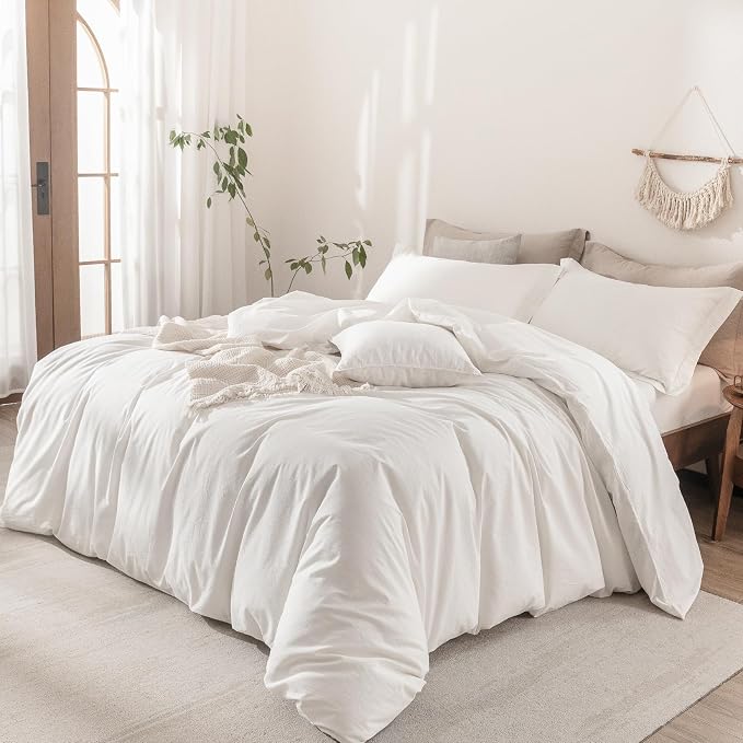 Linen Feel Duvet Cover Super King Size 108inch x 98inch,100% Washed Cotton Duvet Cover with Zipper Closure and 2 Pillowcases, Color of Off White