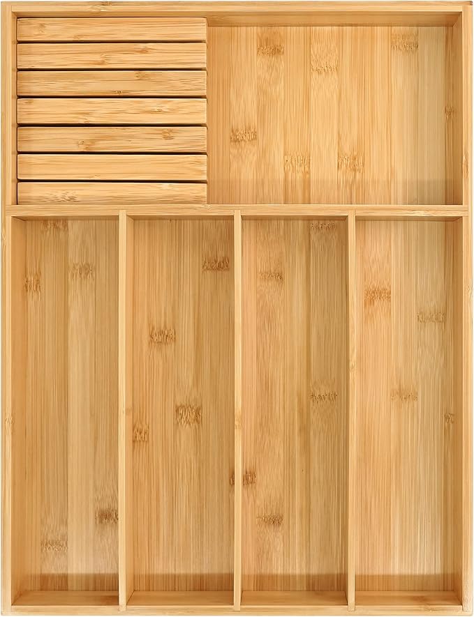 VaeFae Bamboo Silverware Organizer (Non-expandable), Utensil Holder for Drawer, Cutlery Tray with Divider for Kitchen Drawer, Utensil Organizer with Knife Block
