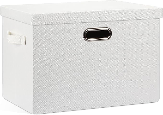 Graciadeco Large 17" 36 Quart Collapsible Stackable Storage Bins with Lids, 1 Pack White Foldable Fabric Closet Storage Boxes with Lids, 4 Handles Heavy-duty Linen Cube Baskets for Bedroom