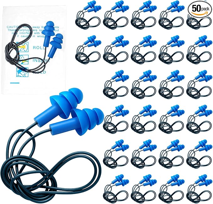 Blulu 50 Pair Metal Detectable TPR Corded Ear Plugs Bulk Blue Disposable Earplugs with Detectable String Noise Cancelling Sound Blocking for Food Services Industry Pharmaceutical Pulp and Paper
