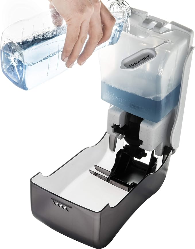 San Jamar Manual Soap Dispenser – 1300 mL Capacity Liquid Dispenser for Bulk Foaming Soaps, Wall Mount, Refillable with Transparent Reservoir Easy Push Bar for Commercial or Office Use, Black Pearl