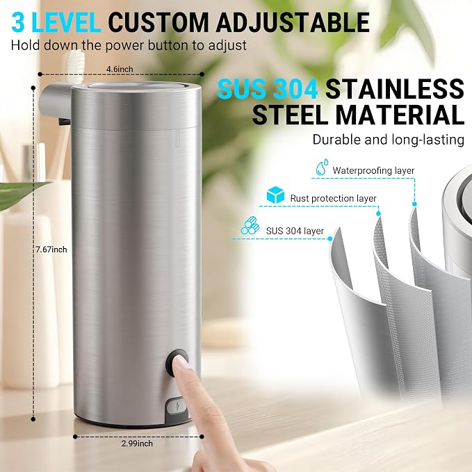 Liquid Sensor Pump, 12.17 oz Automatic Soap Dispenser for Kitchen and Bathroom, Touchless Automatic Soap Dispenser, Variable Dispense, Rechargeable, No-Drip Spout, High-Grade Brushed Stainless Steel