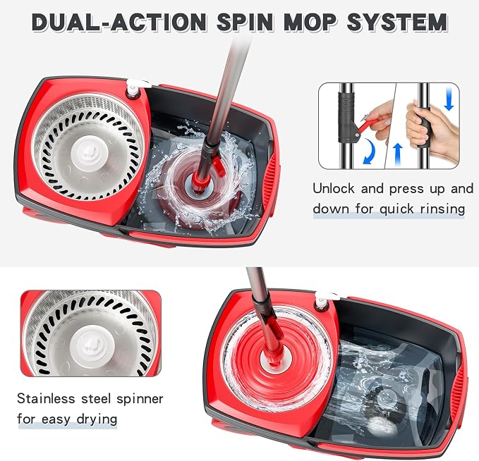 Mop and Bucket Set with 6 Replacement Microfiber Heads, Dark Grey | Spin mop with wringer, 61-inch extra-long handle, spinning mopping floor cleaning system for home floors