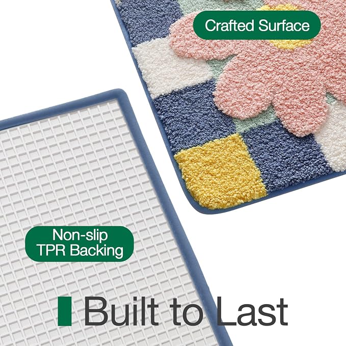 LUMI Bathroom Rug 20x32, Soft Absorbent Microfiber Bath Mats, Machine Washable Bath Rugs with Non-Slip Backing, Checkered Design Floor Mat for Bathroom, Shower and Bathtub Floor, Grid Flower