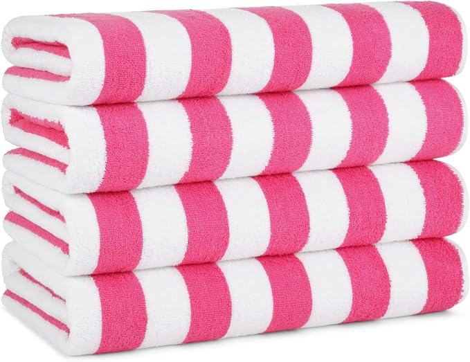Arkwright California Cabana Stripe Beach Towel - Pack of 4, Large Soft Quick Dry 100% Cotton Terry Towels Set for Pool, Swim, and Hot Tub, Oversized 30 x 70 in, Pink