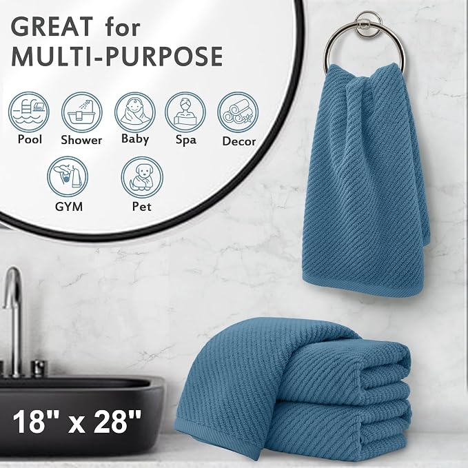 VOOVA & MOVAS Hand Towels 4PC, 100% Cotton, 18x28 in, Dark Blue | Thick, Quick Dry, Soft, Absorbent, Bath Hand Towels, Towel Gift Set, Great For Home, Guest Room, Travel