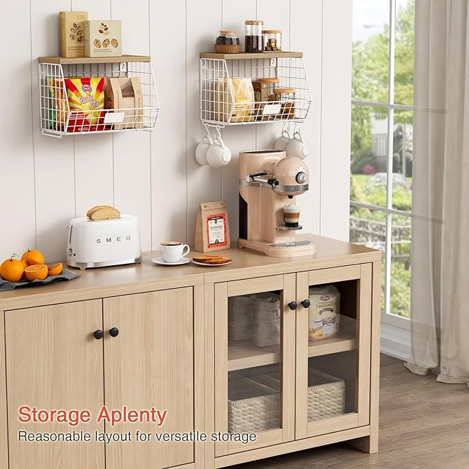 Goozii White Fruit Storage Basket for Kitchen Counter Set of 2, Wall Mount Wire Fruit Basket with Shelf with Banana Hanger, Hanging Countertop Organizer for Bathroom Pantry Cabinet, White + Natural