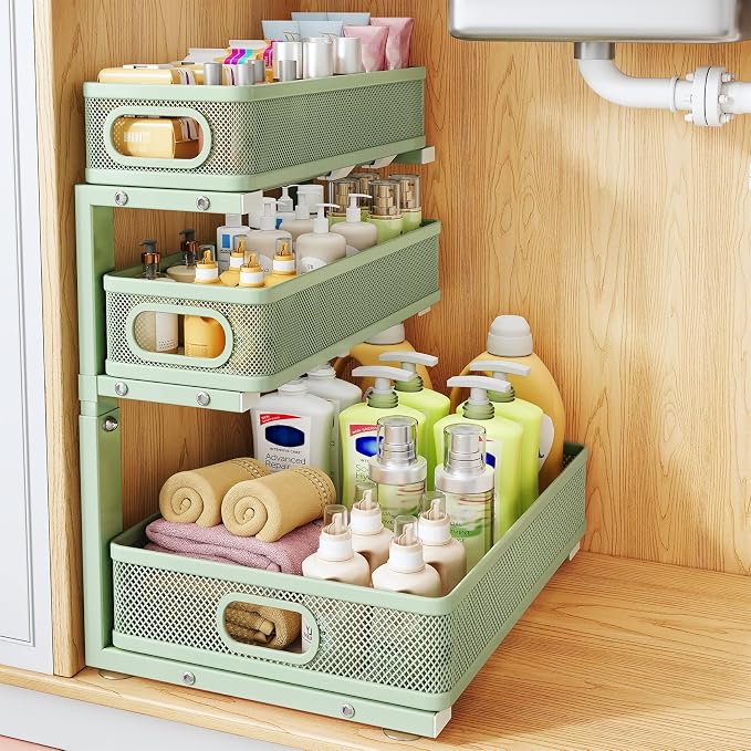 Under Sink Organizer, 1-Pack 3-Tier Thickened Metal Pull out Cabinet Organizer Shelf, Height Adjustable Slide out Storage Drawer Rack for Kitchen Bathroom Pantry Laundry Home Organization, Green
